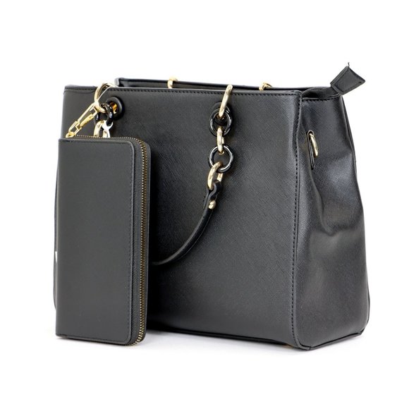 La Terre Handbags - Black Faux Leather Purse and Wallet 2 in 1 Set Tote Cross Body Shoulder Bag